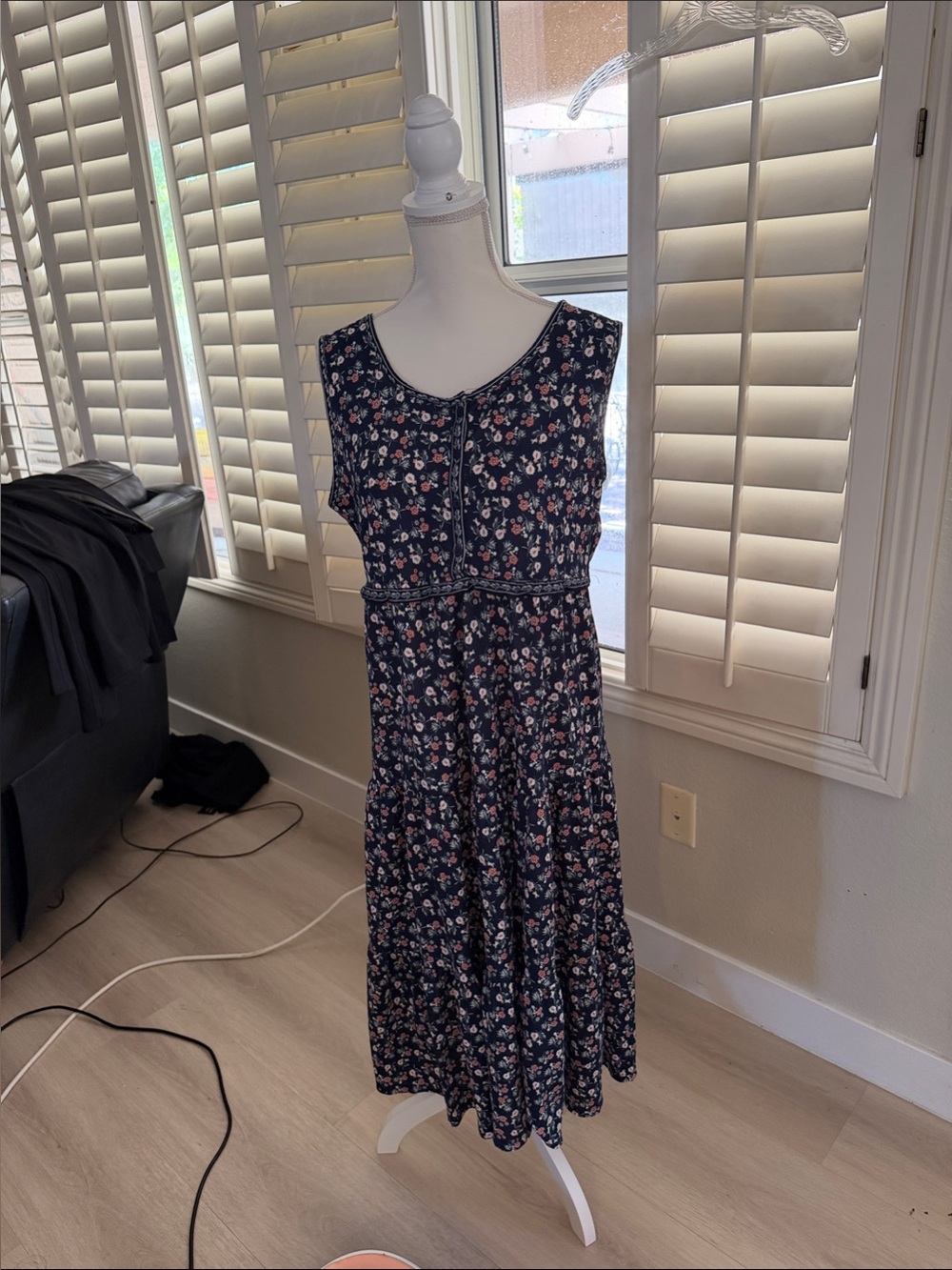 Max Studio Navy Floral Tiered Maxi Dress with Pink & White Blossoms